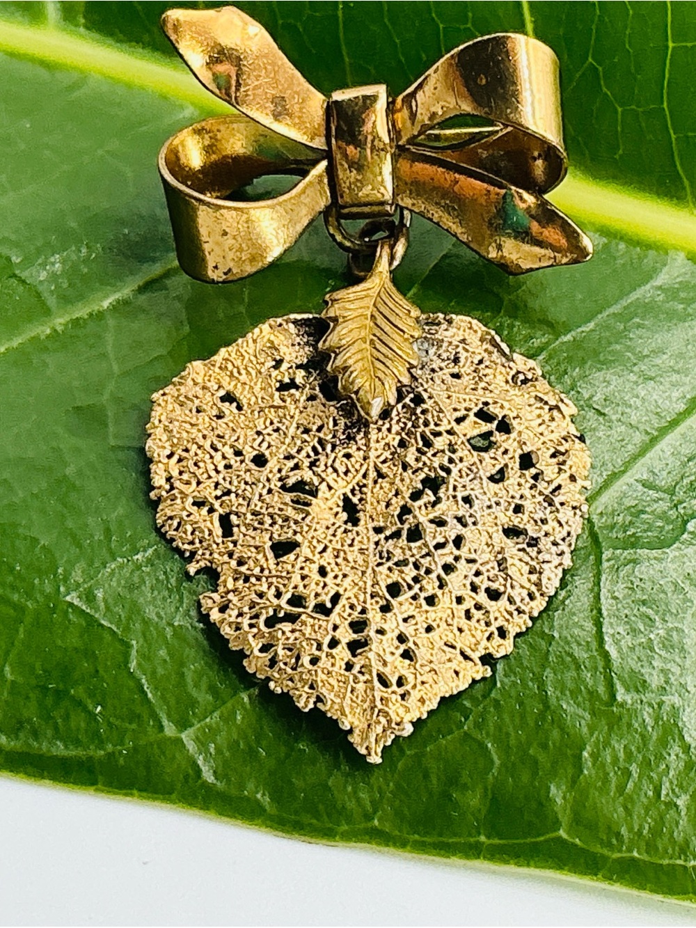 Vintage Brooch Skeleton Leaf Pendant Gold Plated Botanical Bow Victorian Style